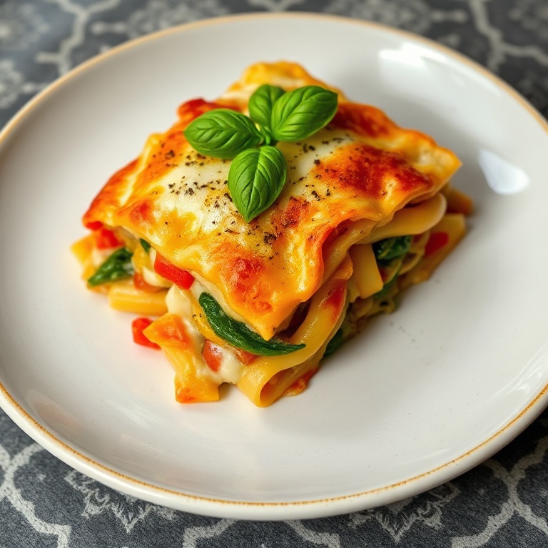 Perfectly plated serving of Mediterranean vegetable pasta bake with a sprinkle of fresh basil. Creamy cheese, golden crust, and colorful veggies. Side lighting highlights texture. Photorealistic food photography style.