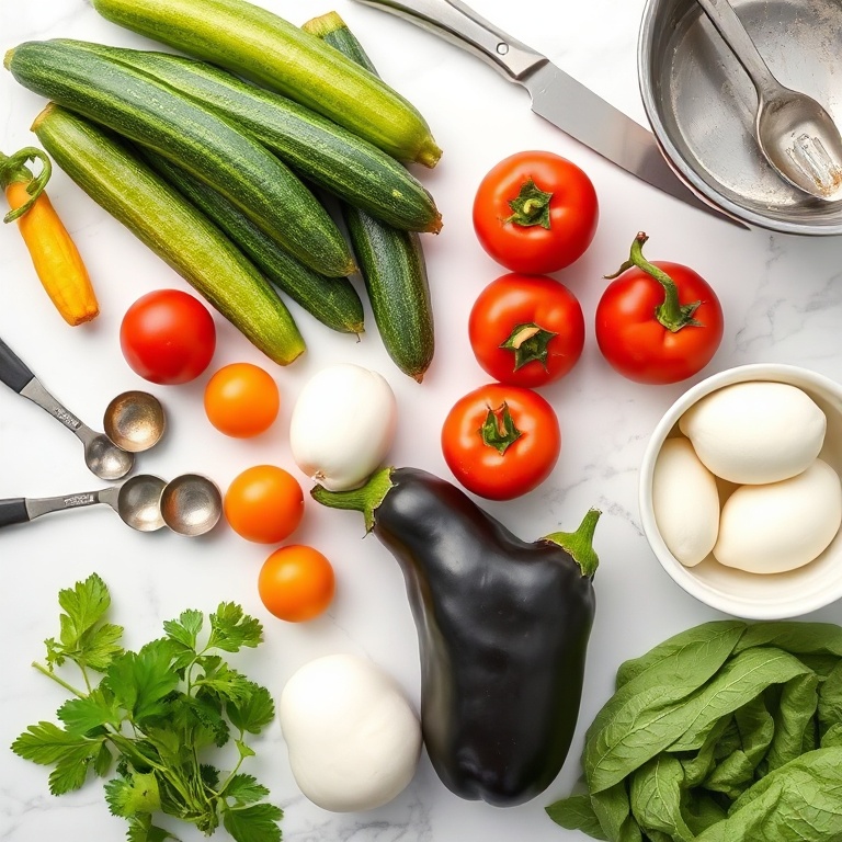 Overhead flat lay of fresh zucchini, bell peppers, eggplant, tomatoes, and mozzarella. Measuring spoons, a chef's knife, and a mixing bowl visible. White marble surface with bright even light. Photorealistic overhead food photography.
