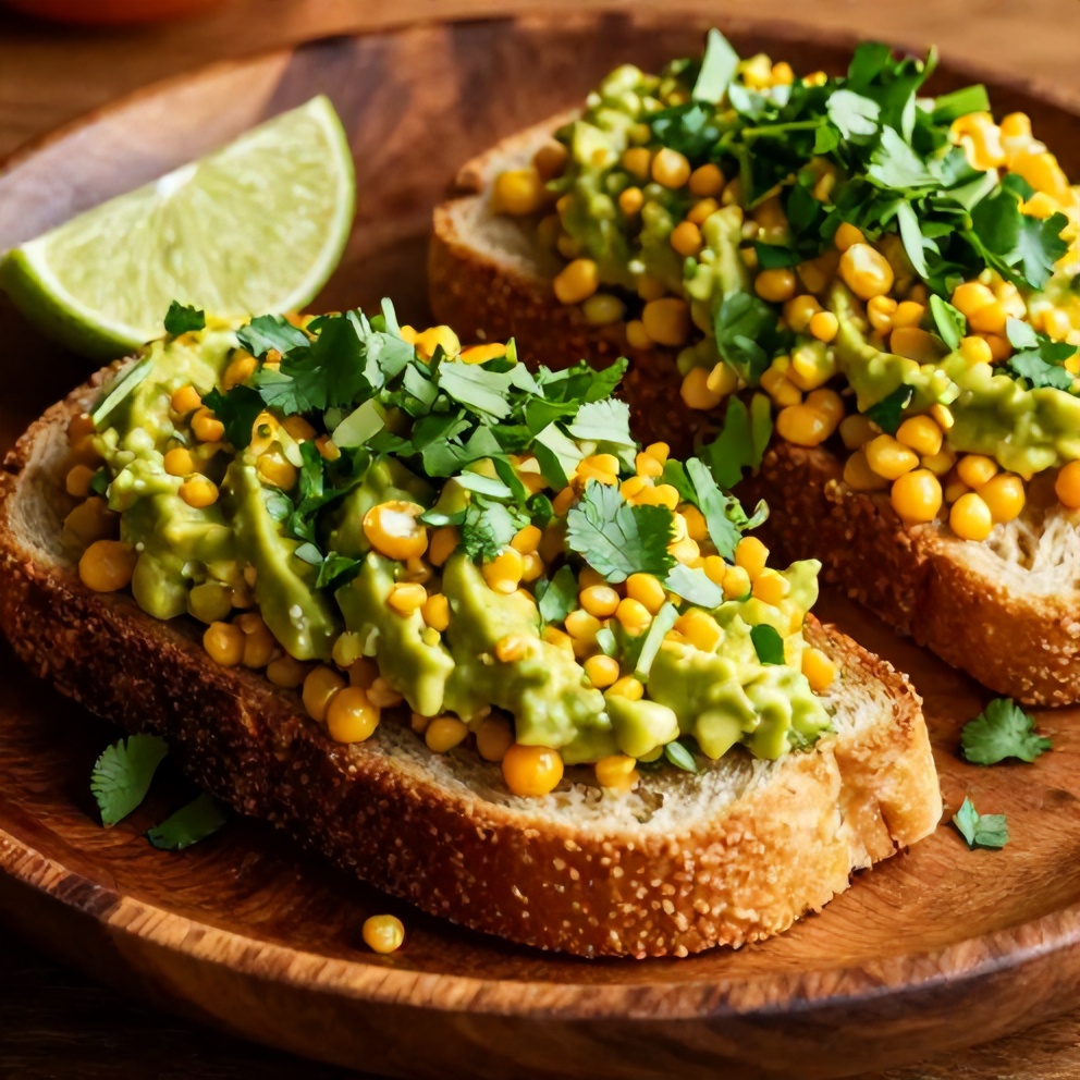 Mexican Street Corn Avocado Toast with a lime wedge and chopped cilantro