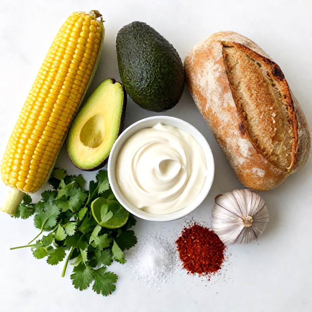 Raw ingredients for Mexican Street Corn Avocado Toast on a marble surface