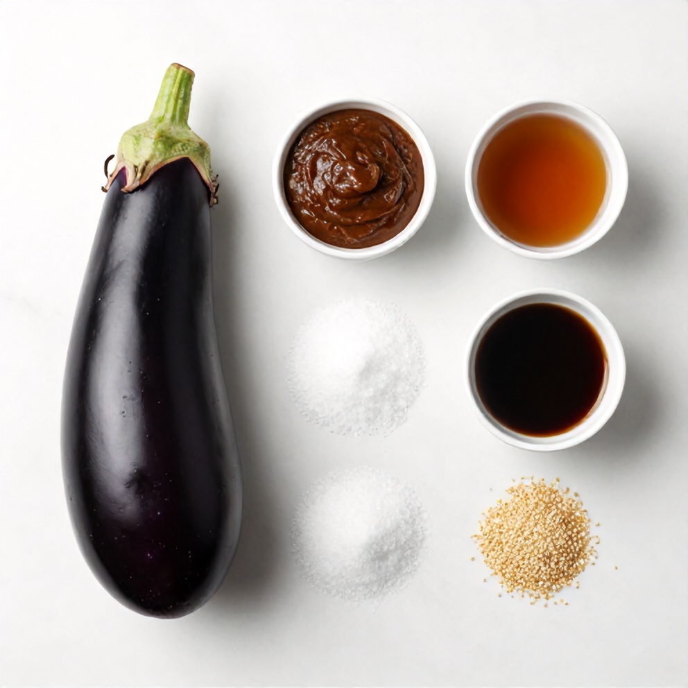 Eggplant, miso paste, mirin, sake, sugar, and sesame seeds on a white marble surface