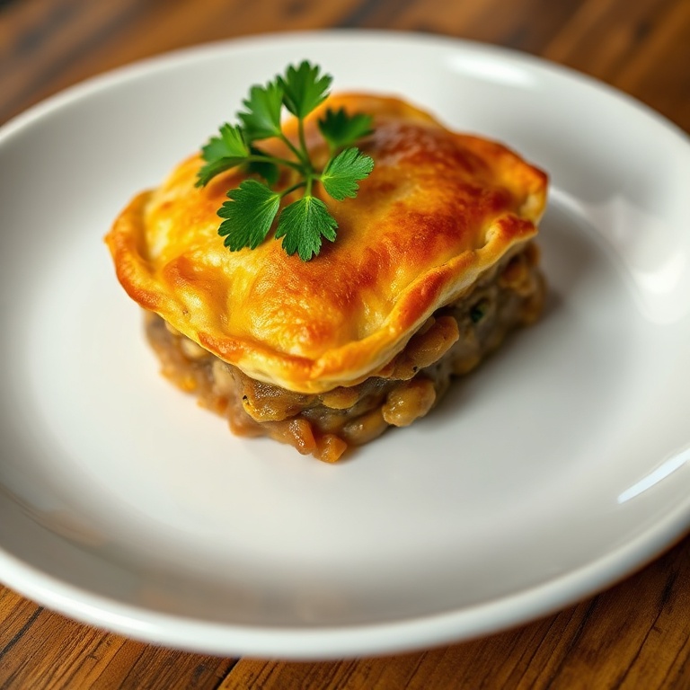Perfectly plated meat pie with a parsley garnish. Close crop. White ceramic plate. Warm side lighting highlighting texture. Photorealistic food photography style.