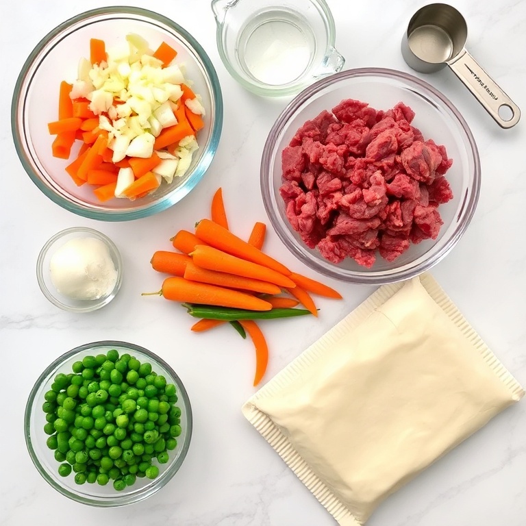 Raw ingredients for meat pies. Ground beef, onion, carrots, frozen peas, and puff pastry. Prep bowls and measuring cups visible. White marble surface. Bright even natural light.