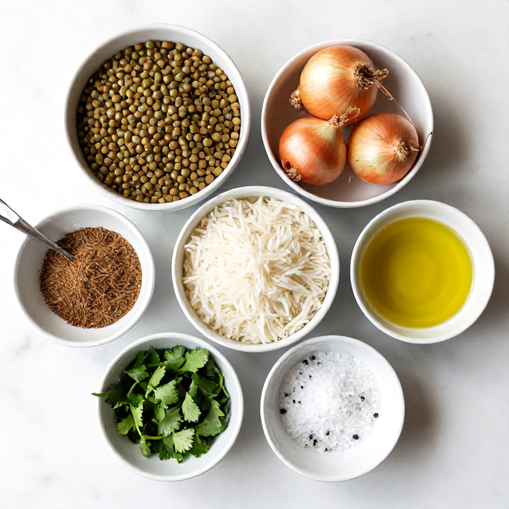 Ingredients for Mujadara: green lentils, basmati rice, onions, olive oil, cumin, coriander, salt, and pepper