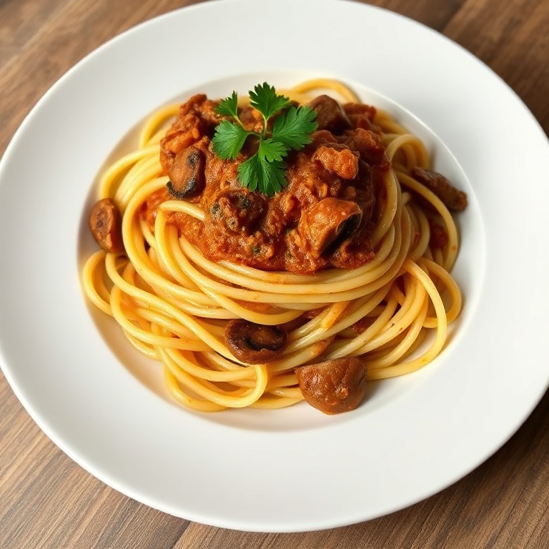 A beautifully plated mushroom ragu pasta with fresh parsley on top