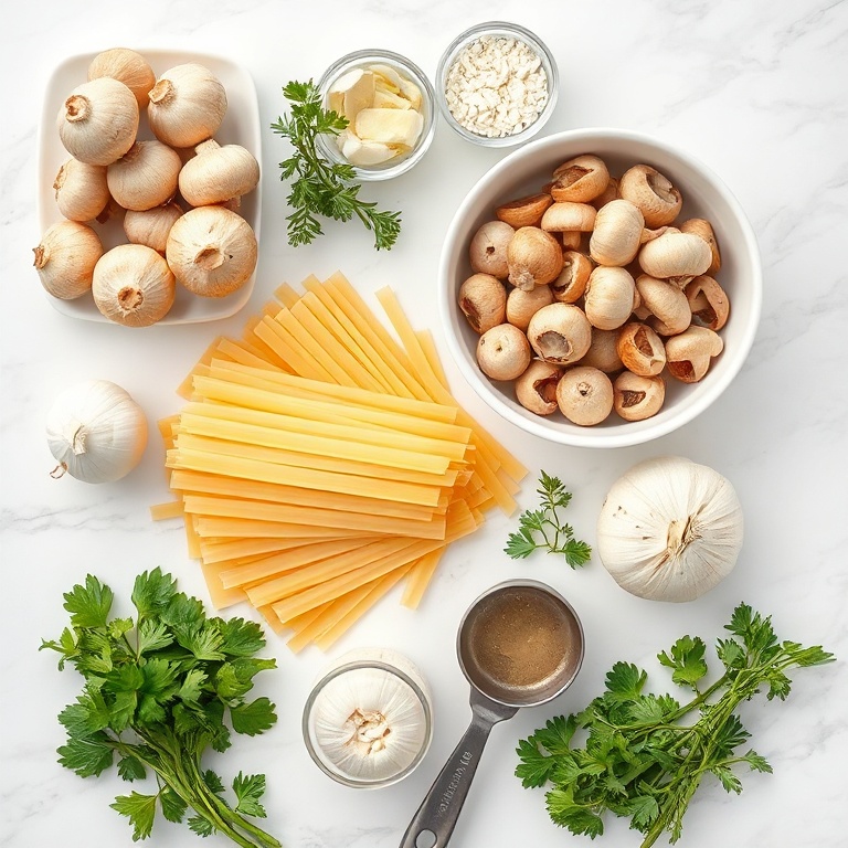 Fresh mushrooms, pasta, garlic, onions, and herbs arranged in a flat lay