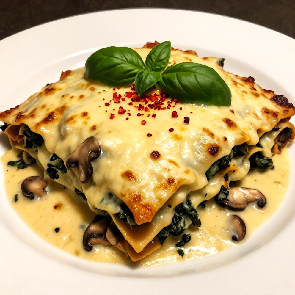 Plated Mushroom Spinach Lasagna with fresh basil garnish