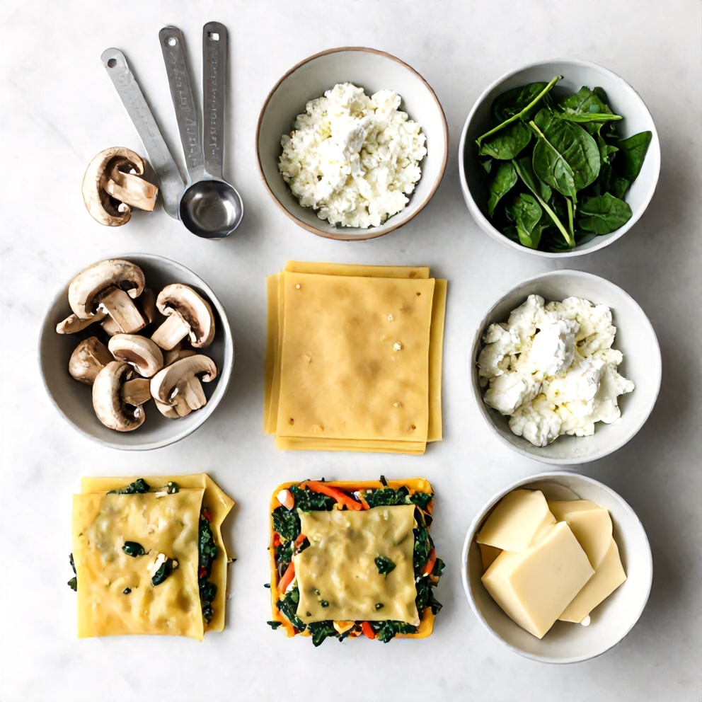 Raw ingredients for Mushroom Spinach Lasagna on a marble surface