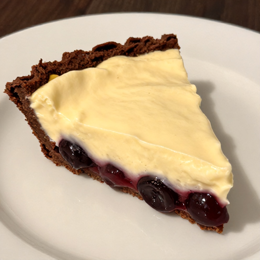 Sliced No-Bake Chocolate Cherry Cream Pie on a white plate
