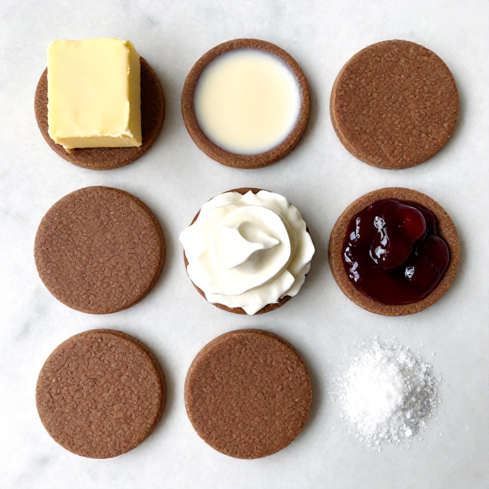 Raw ingredients for No-Bake Chocolate Cherry Cream Pie on a white marble surface