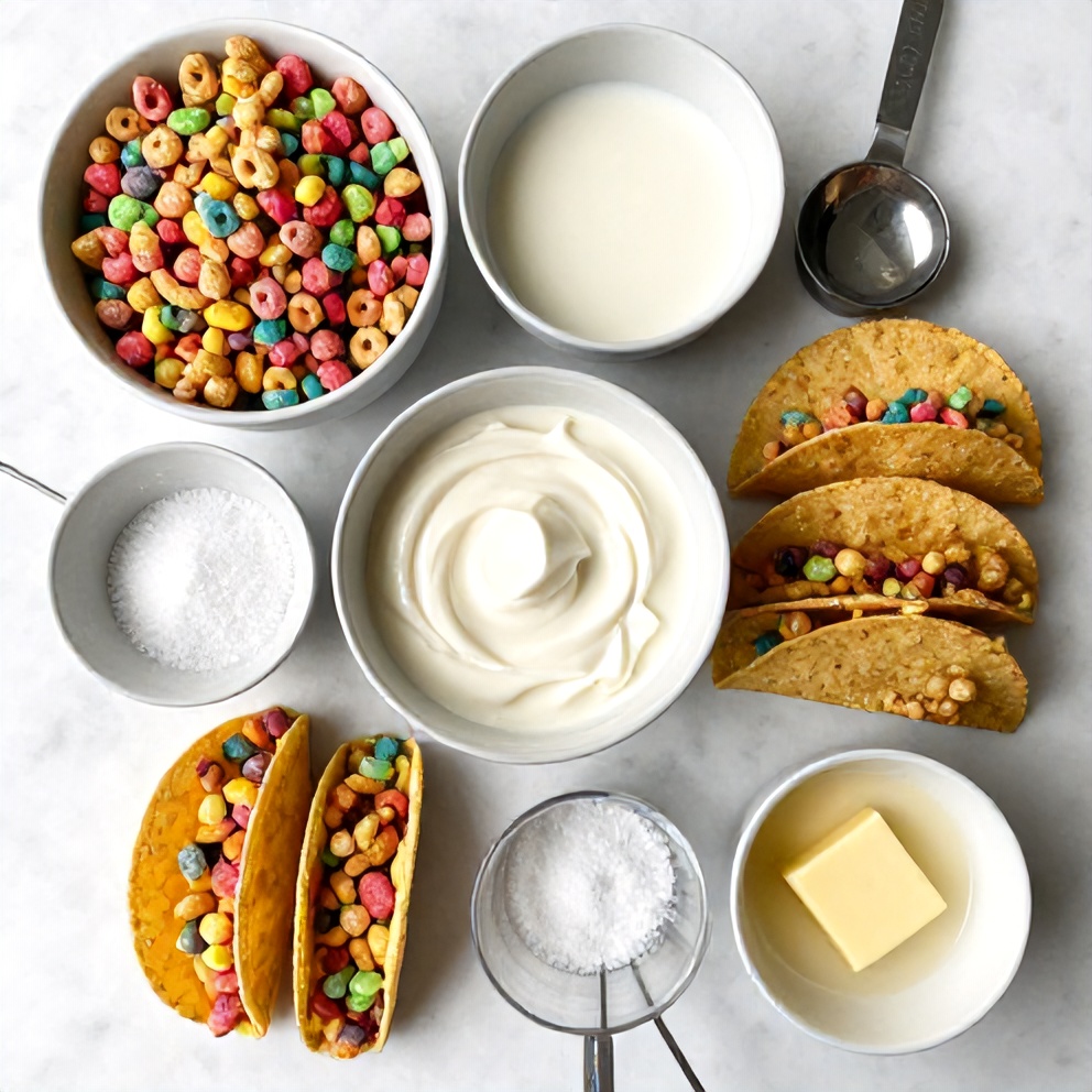 Ingredients for Easy No-Bake Fruity Pebbles Cheesecake Tacos