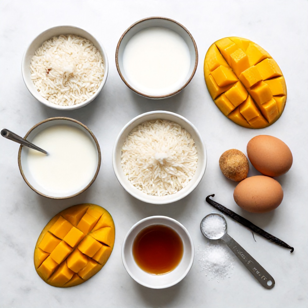 Raw Ingredients for No-Bake Mango Coconut Rice Pudding
