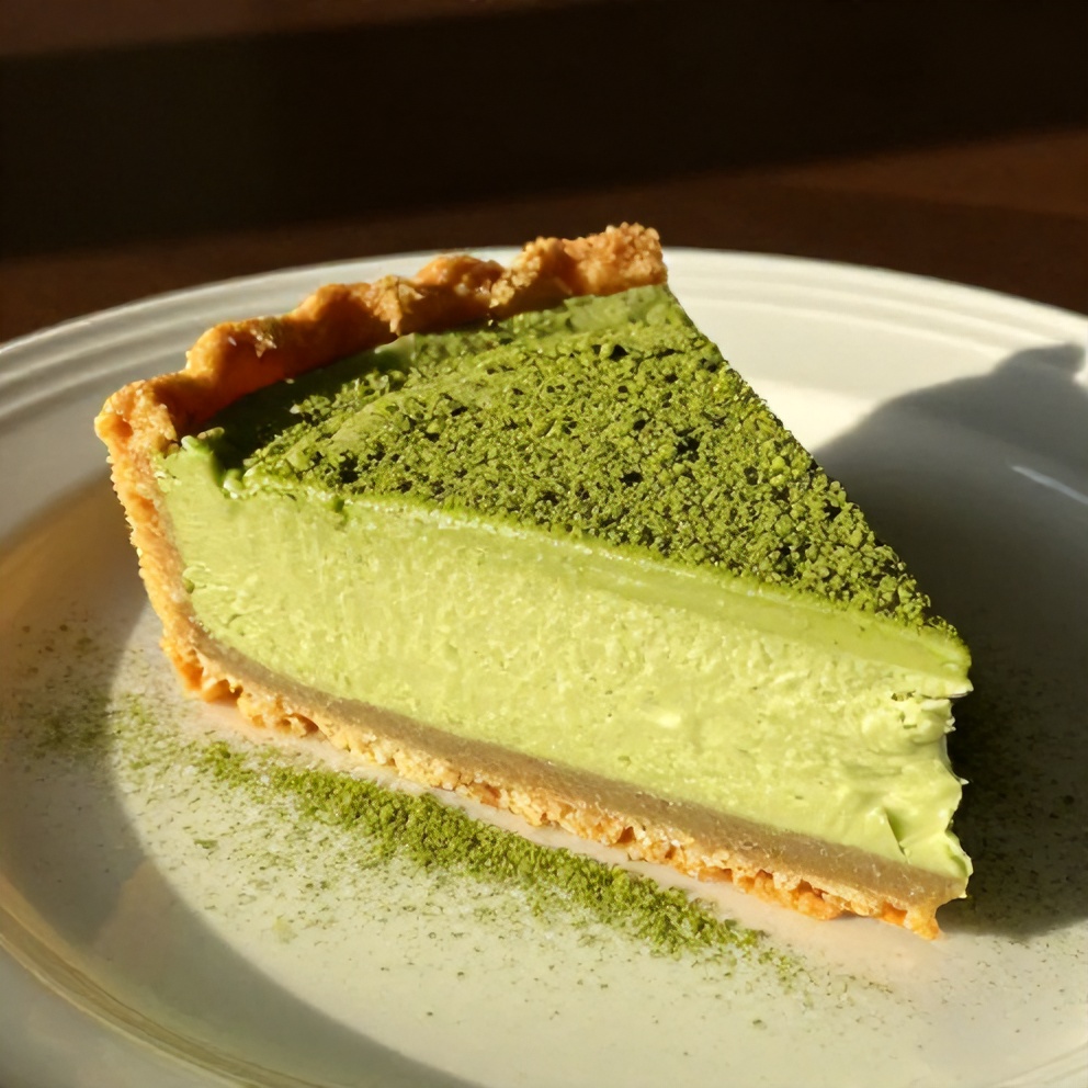 Finished No-Bake Matcha Coconut Cream Tart with a sprinkle of matcha powder