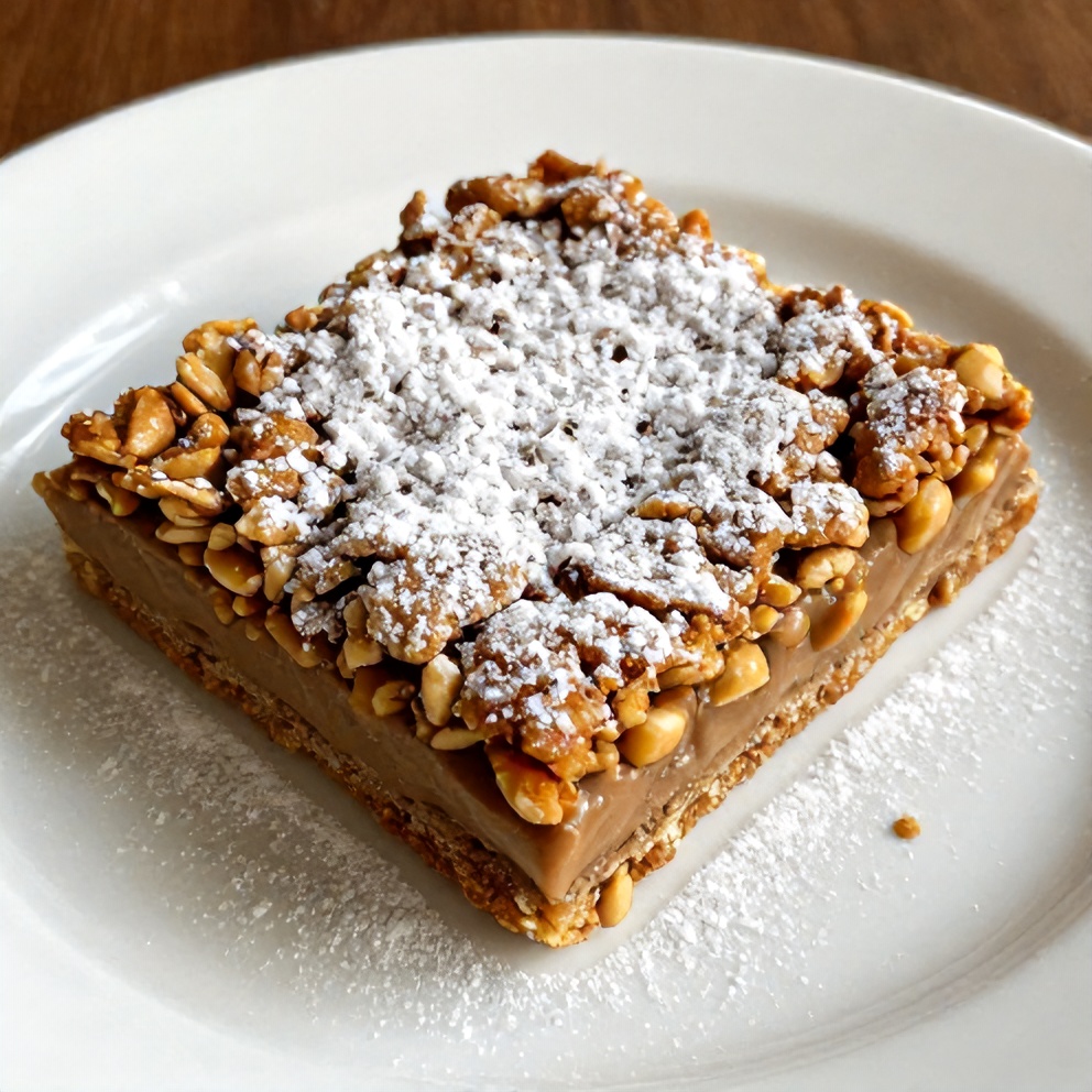 Plated No-Bake Peanut Butter Oat Bars with a sprinkle of powdered sugar