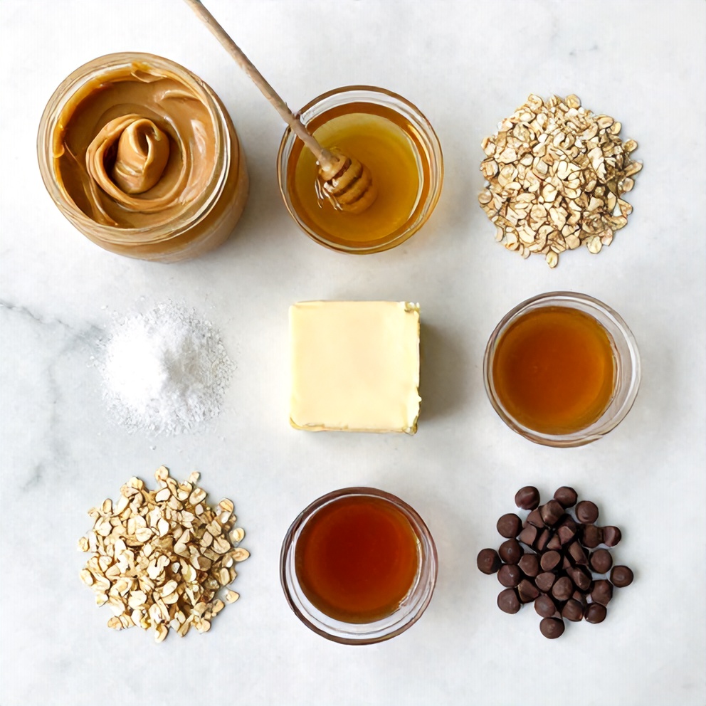 Raw ingredients for No-Bake Peanut Butter Oat Bars on a marble surface