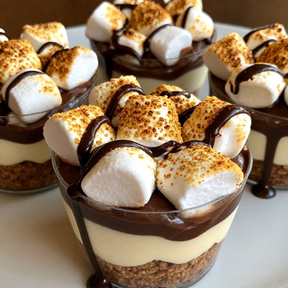 No Bake S’mores Pudding Cups with toasted marshmallows and chocolate drizzle