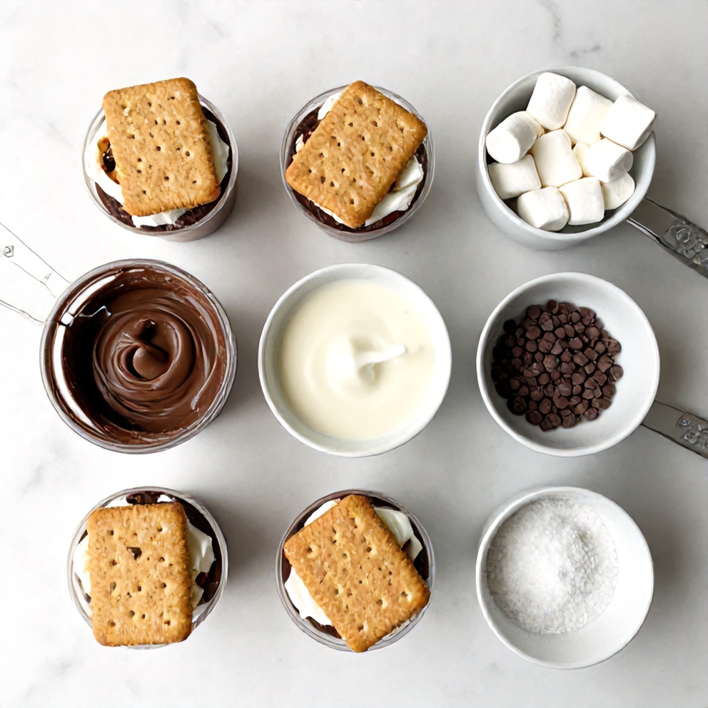 Ingredients for No Bake S’mores Pudding Cups: graham crackers, chocolate pudding, milk, marshmallows, chocolate chips