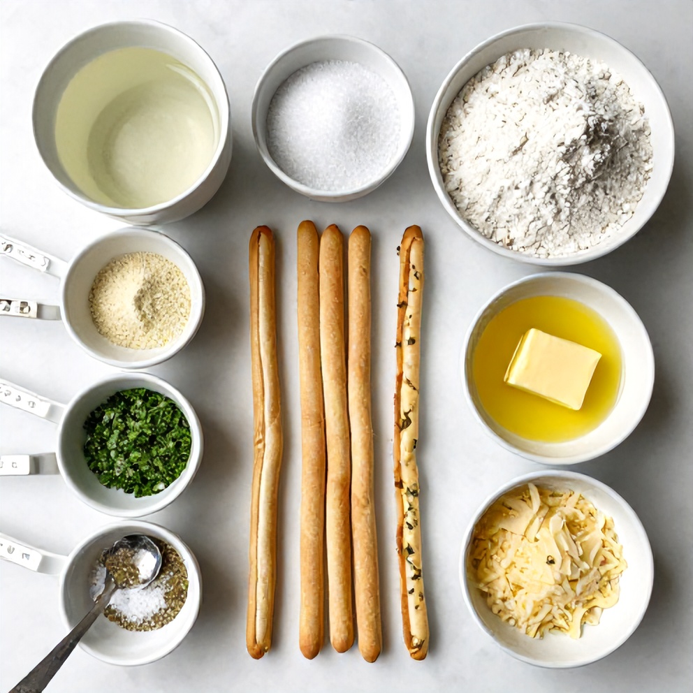 Raw ingredients for homemade Olive Garden breadsticks on a marble surface