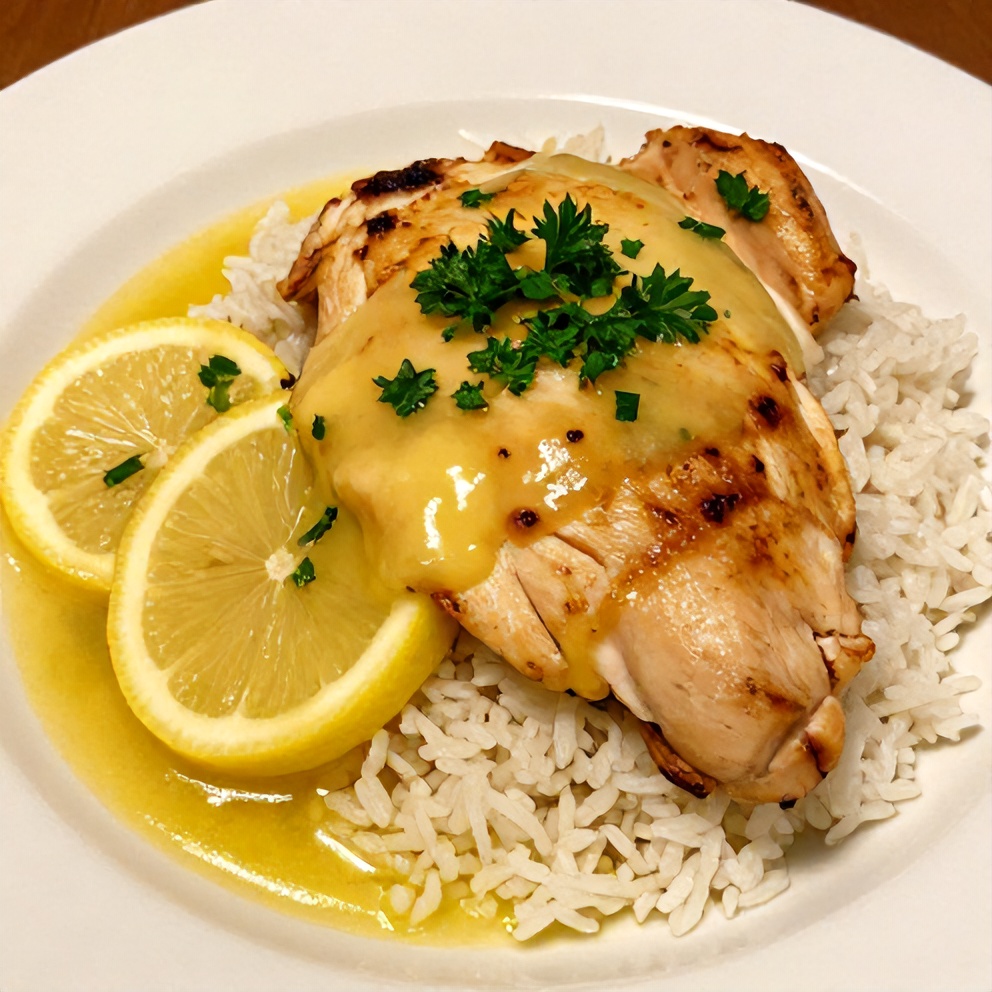 Plated one-pan lemon chicken and rice dinner