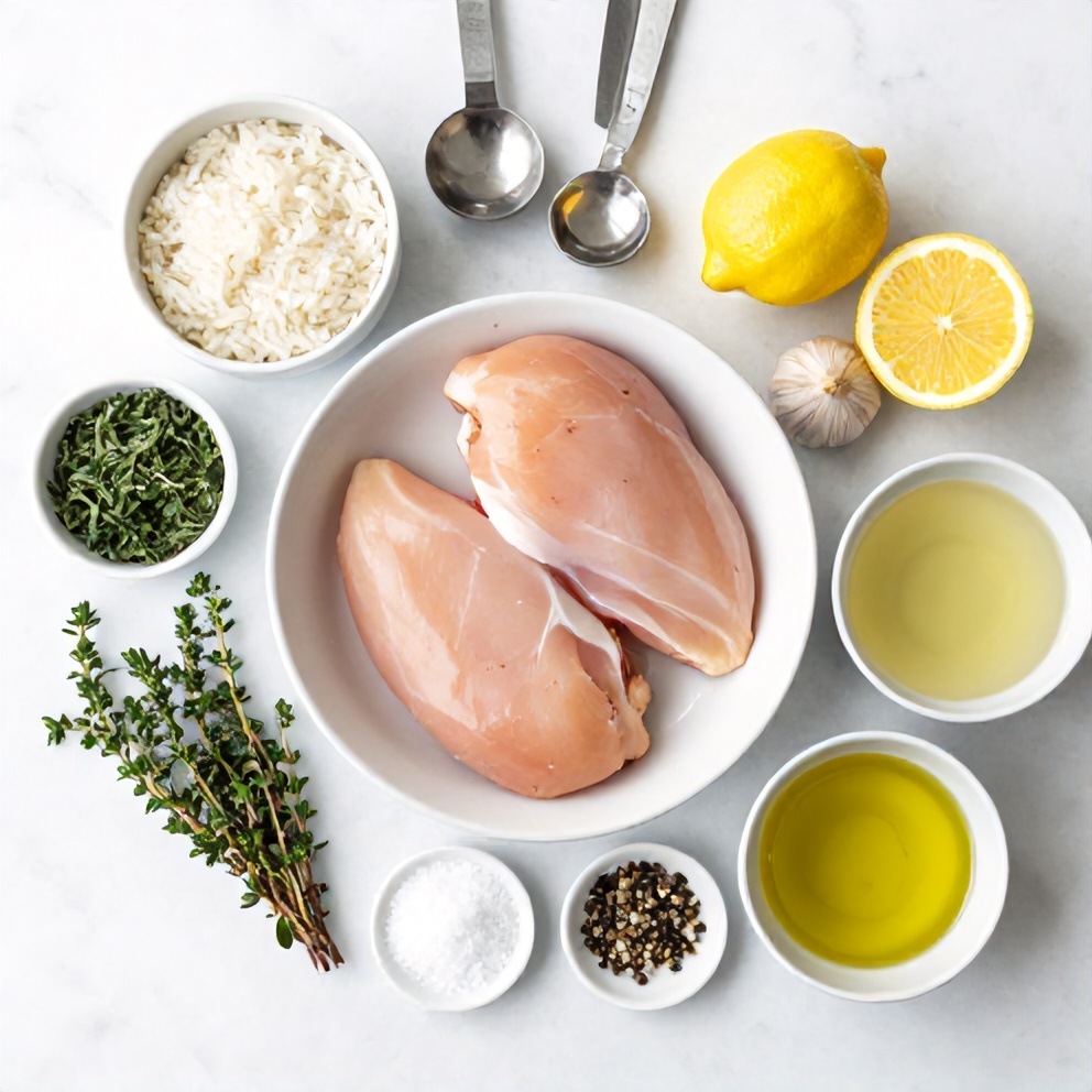 Raw ingredients for one-pan lemon chicken and rice