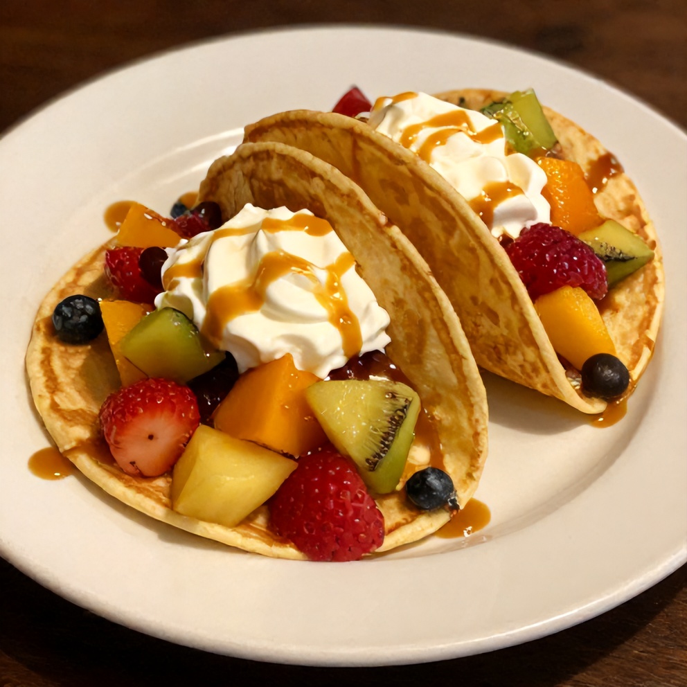 Plated pancake tacos with fresh fruit, whipped cream, and a drizzle of syrup