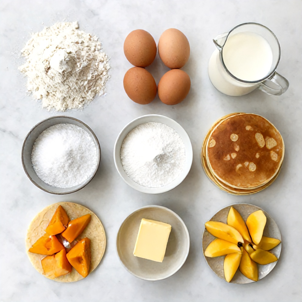 Raw ingredients for pancake tacos including flour, eggs, milk, and fresh fruit