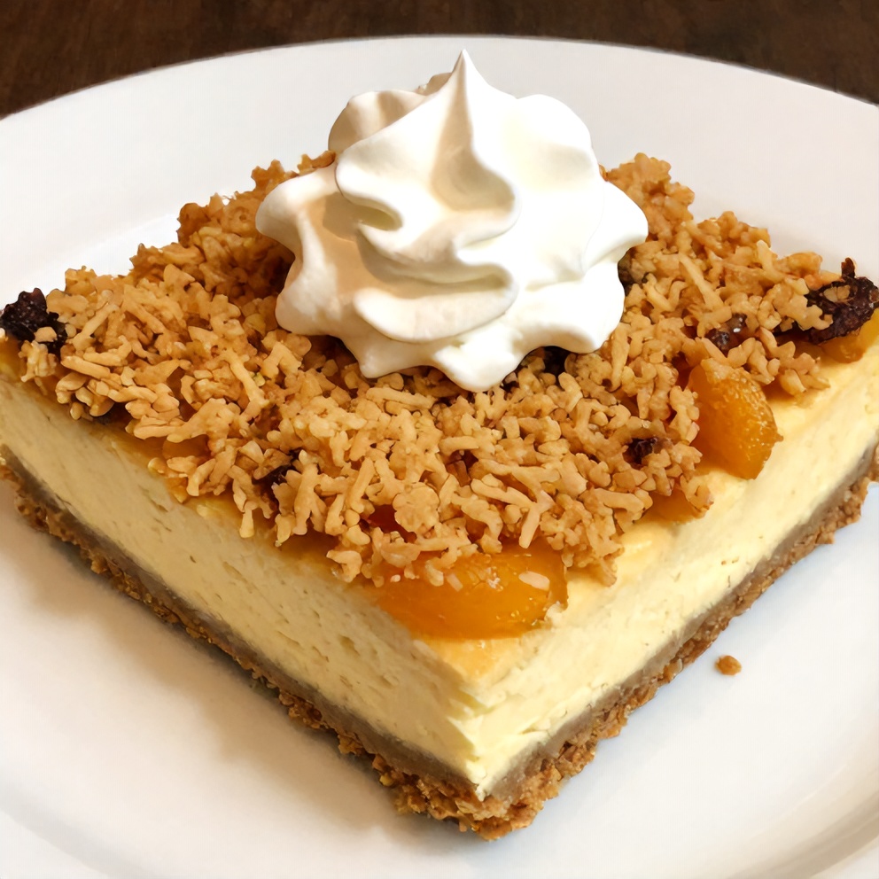 Close-up of Peach Cobbler Cheesecake Bars on a plate
