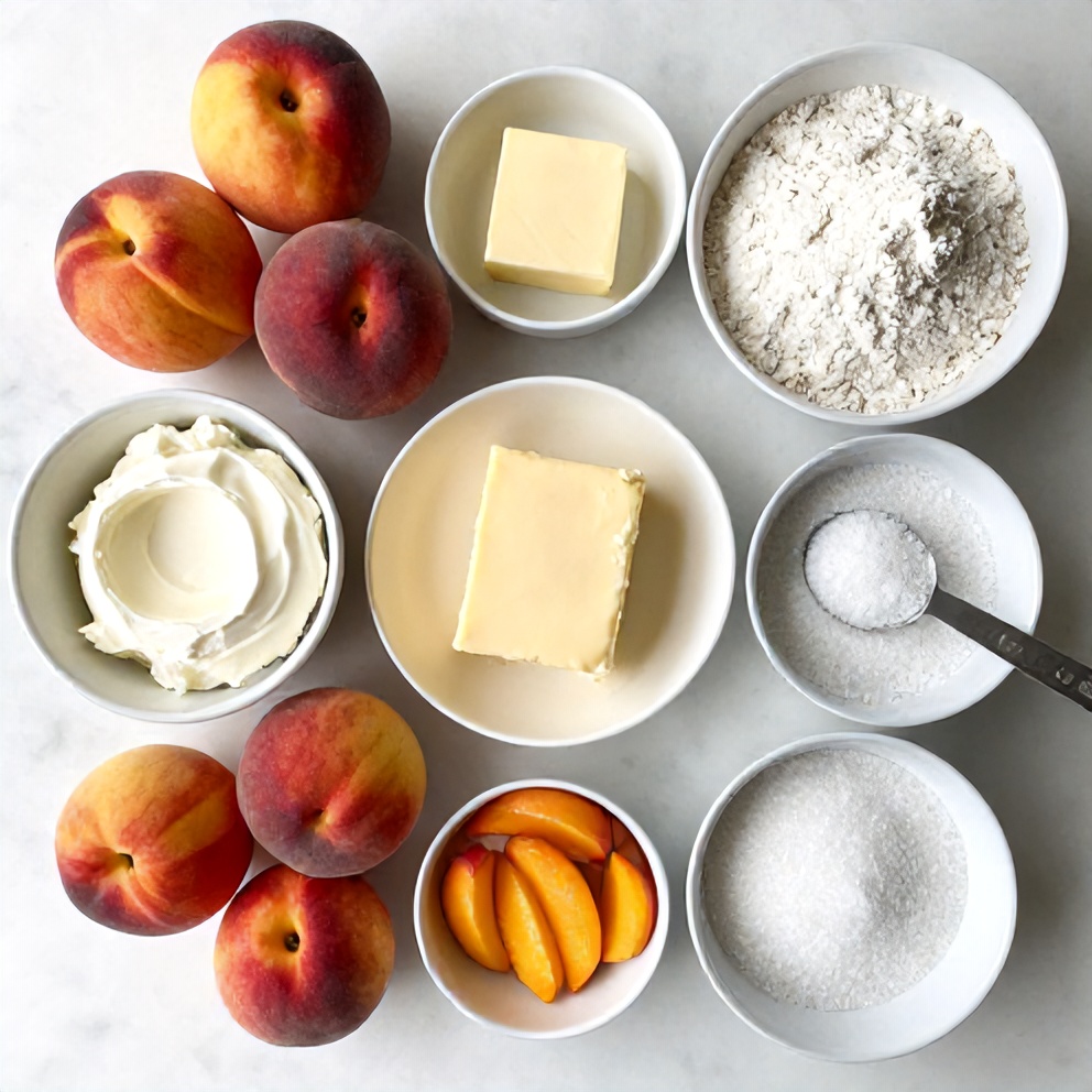 Raw ingredients for Peach Cobbler Cheesecake Bars