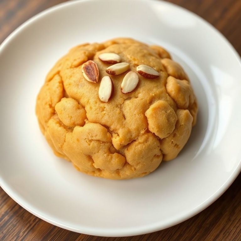 Golden peanut butter chickpea cookie on white plate fuzzed with sugar dust