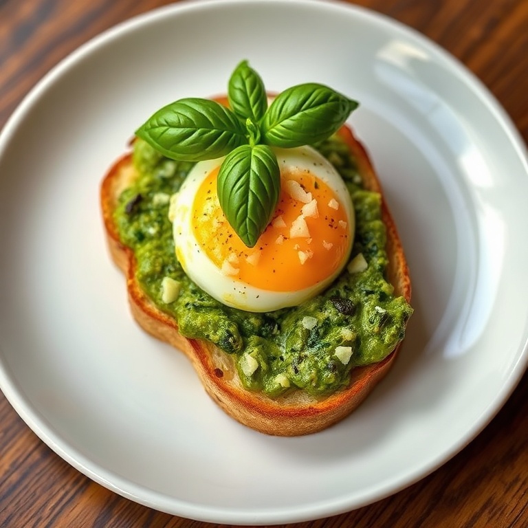 A single serving of pesto eggs on avocado toast. Topped with fresh basil and a sprinkle of Parmesan. Served on a white ceramic plate with warm side lighting showing the texture and detail.