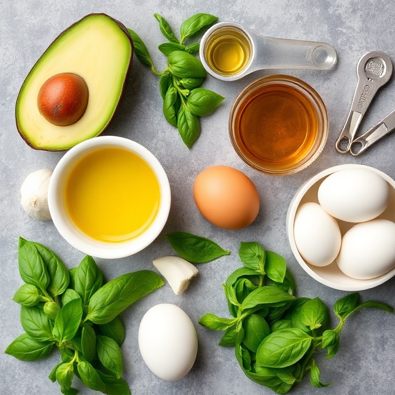 Fresh ingredients for pesto eggs on avocado toast. Includes ripe avocado, fresh basil, garlic, olive oil, and eggs arranged in an overhead flat lay with measuring tools and prep bowls.