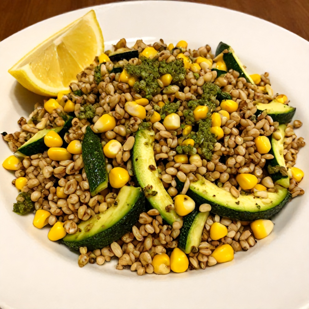Pesto Zucchini Corn Quinoa Salad plated with a lemon wedge
