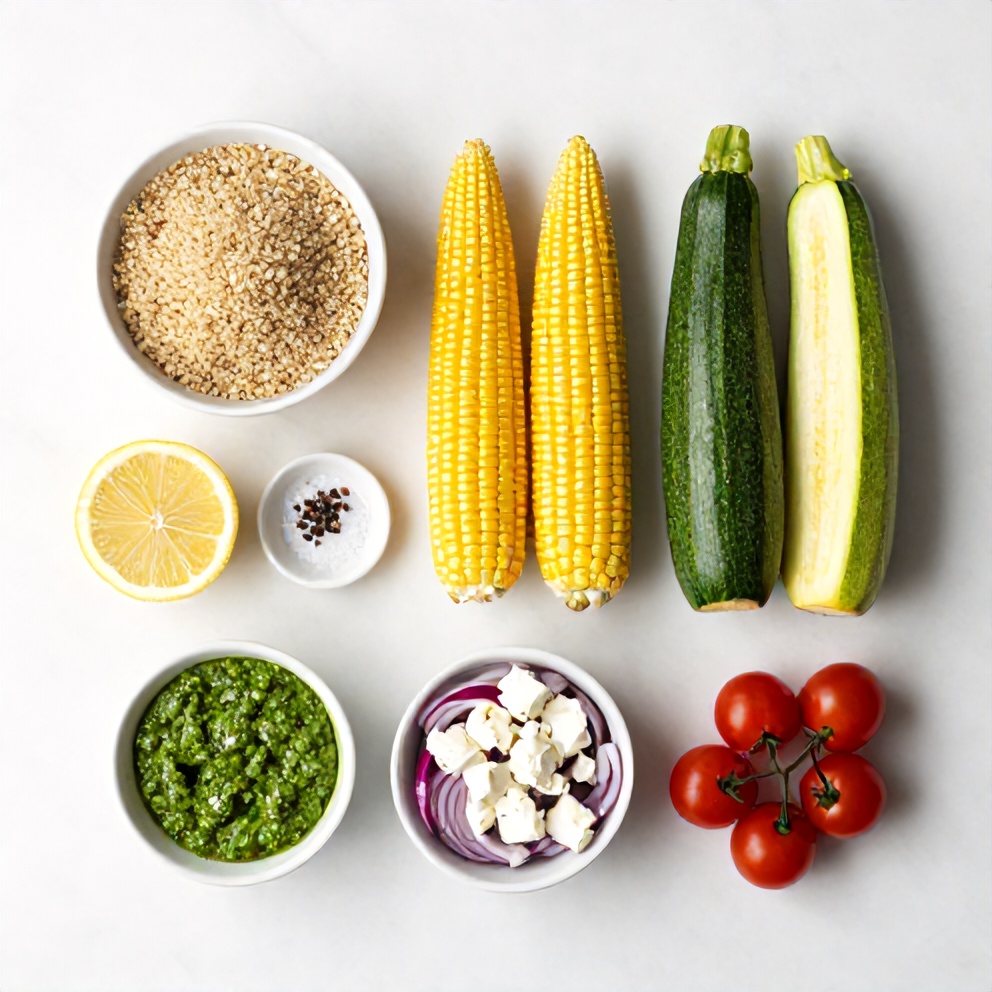 Raw ingredients for Pesto Zucchini Corn Quinoa Salad on a marble surface