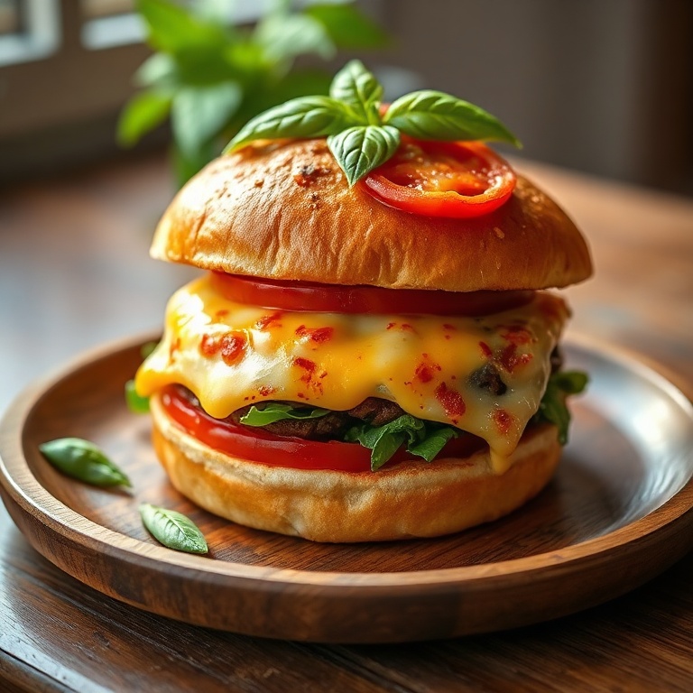 Perfectly plated pizza burger with melted cheese, pepperoni, and basil, on a wooden plate, warm side lighting, photorealistic food photography