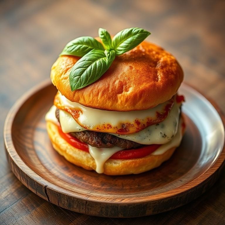 Finished easy pizza burger on wooden plate with basil garnish