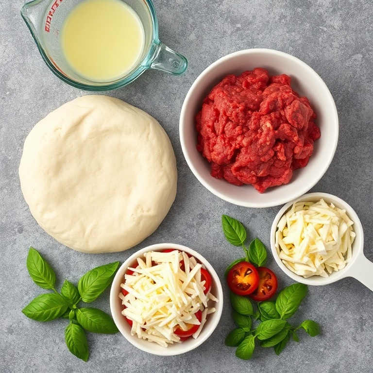 Raw ingredients for pizza burgers: ground beef, pizza dough, shredded mozzarella, pepperoni slices, fresh basil, measuring cups, mixing bowl, overhead flat lay