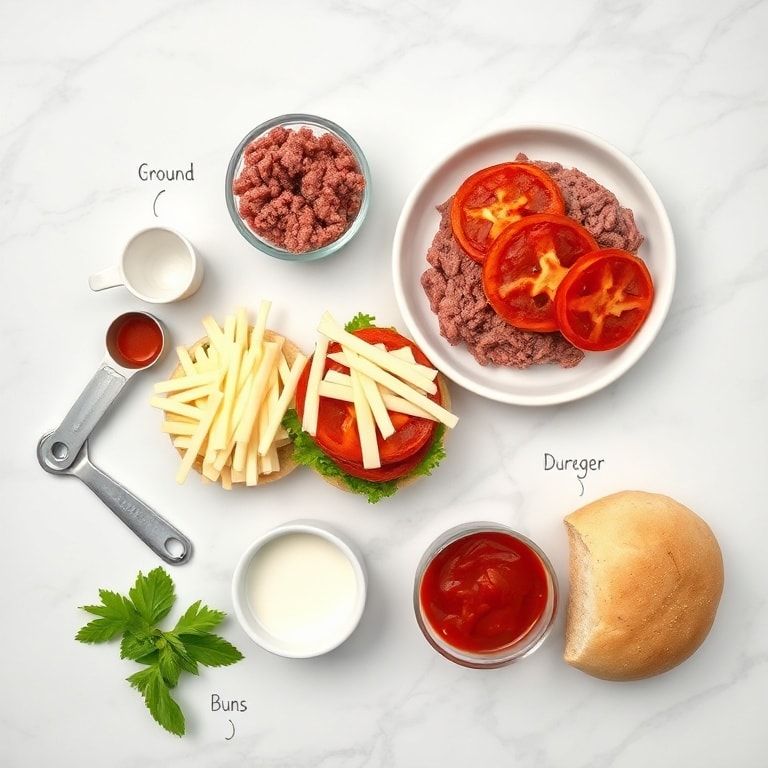 Ingredients for easy pizza burgers: ground beef, mozzarella, pepperoni, buns