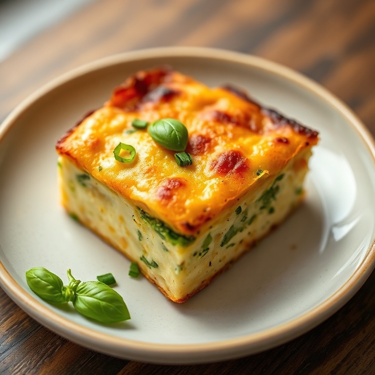 Finished cheese bake with basil garnish