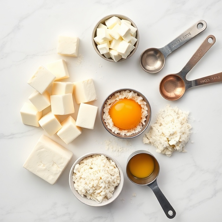 Raw ingredients for cheese bake: mozzarella, cottage cheese, parmesan, breadcrumbs, egg