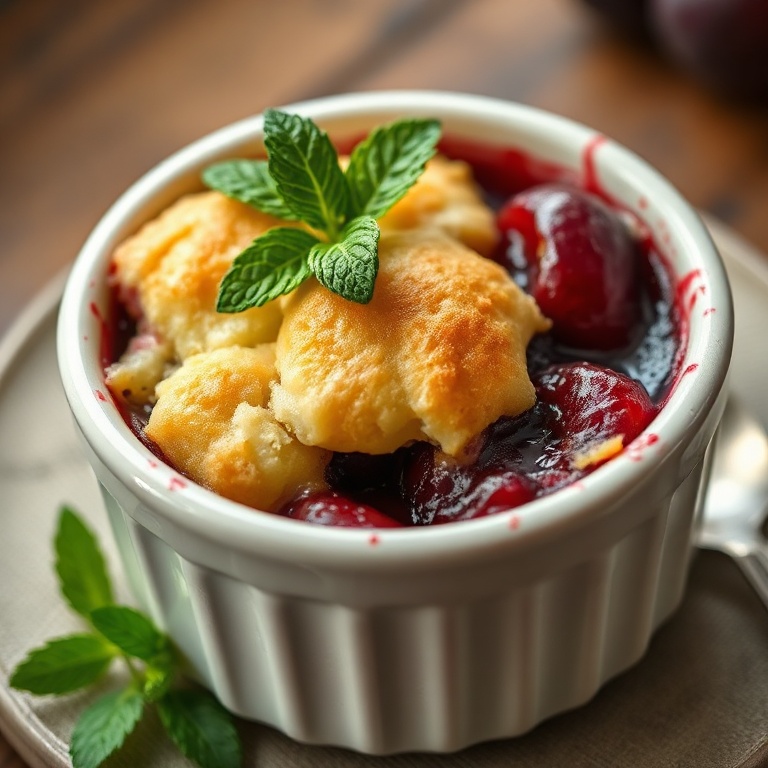 Plum cobbler in a ceramic bowl. Buttermilk topping with a light golden crust. Garnished with fresh mint. Close crop. Warm side lighting. Photorealistic food photography. No text. No watermark.