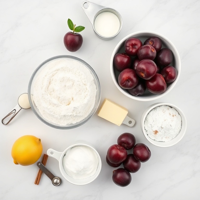 Fresh plums, flour, sugar, butter, buttermilk, baking powder, cinnamon, and lemon. Overhead flat lay. White marble surface. Bright even light. Measuring tools and bowls visible. Photorealistic food photography. No text. No watermark.
