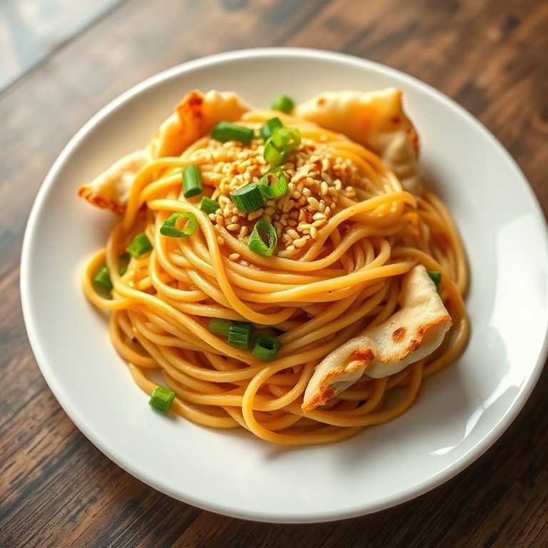 Plated potsticker noodle bowl with sesame seeds and green onions on a white plate