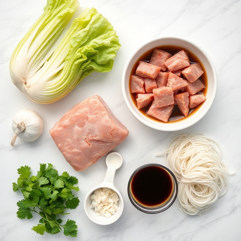 Raw pork, cabbage, garlic, rice noodles, and soy sauce arranged in an overhead flat lay