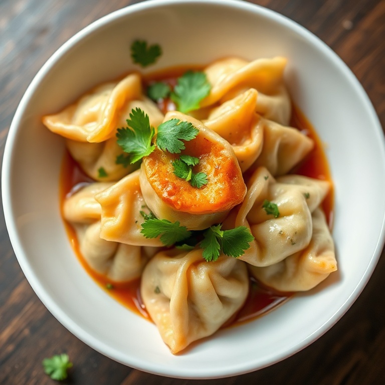 Perfectly plated potsticker stir fry with fresh cilantro. Served in a white bowl. Warm lighting highlights glossy sauce and crispy edges.