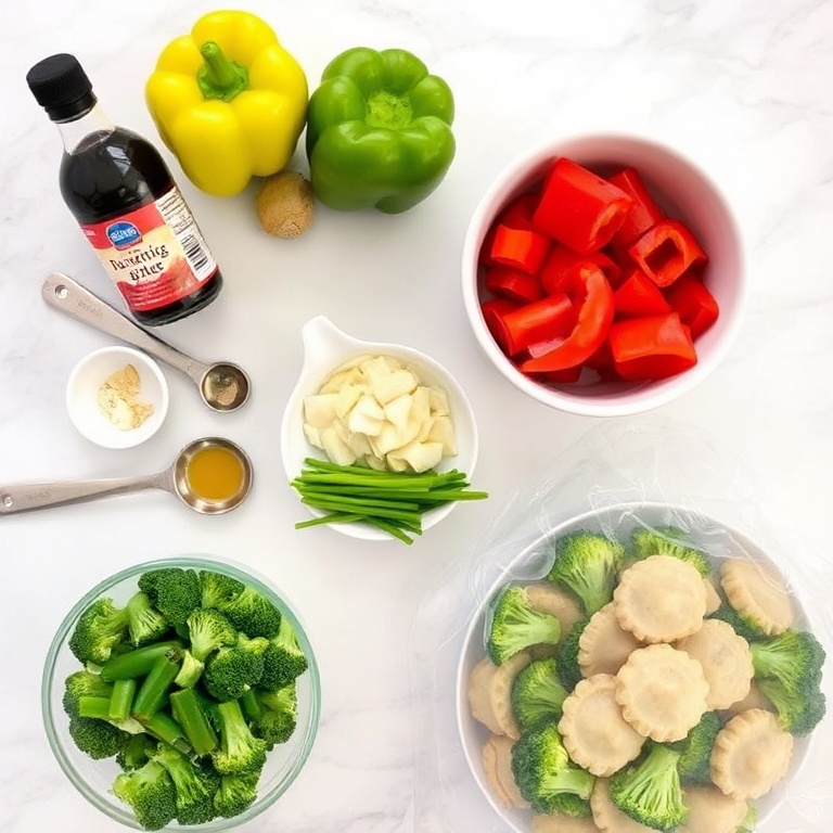 All raw ingredients for potsticker stir fry. Soy sauce, garlic, ginger, bell peppers, broccoli, and frozen potstickers. Measuring spoons and bowls on a white marble surface.