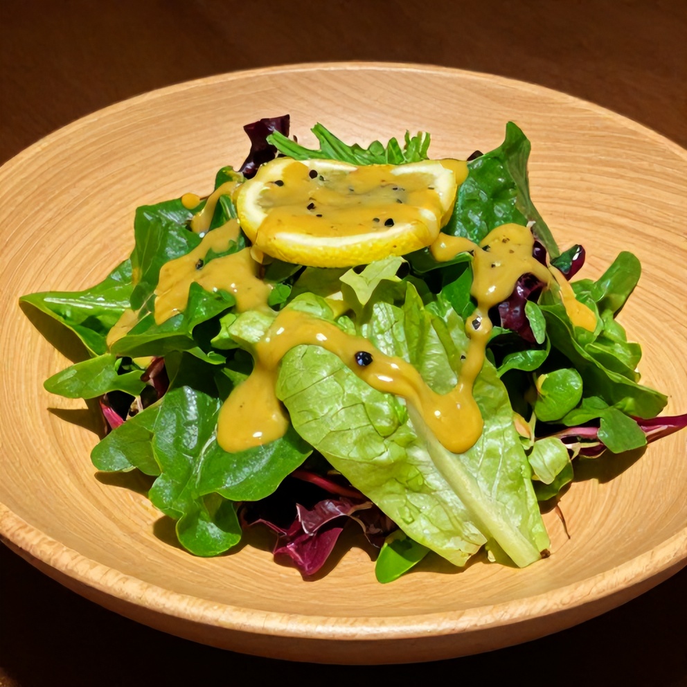 Fresh salad with lemon vinaigrette drizzled on top