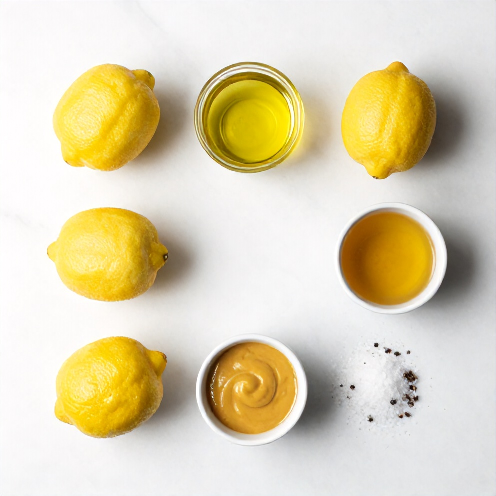 Lemon, olive oil, Dijon mustard, honey, salt, and pepper arranged on a white marble surface