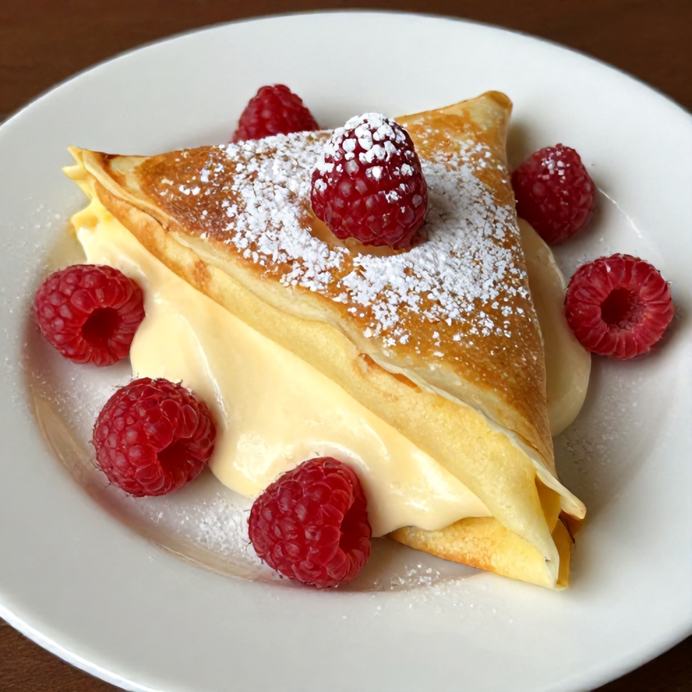 One perfect plated serving of Easy Raspberry Vanilla Cream Crepes on a white plate, showing golden crepe, creamy filling, fresh raspberries, and powdered sugar garnish. Warm side lighting highlighting texture.