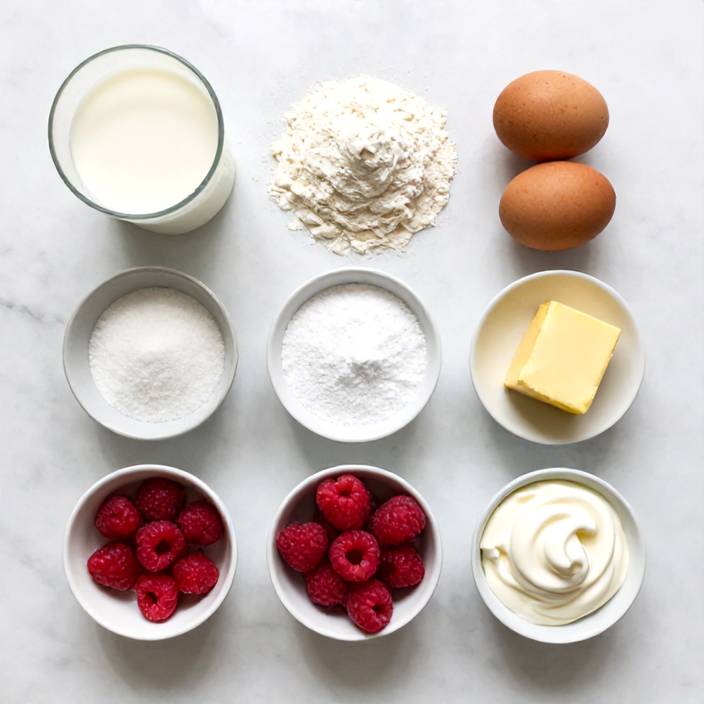 Overhead flat lay of raw ingredients for Easy Raspberry Vanilla Cream Crepes: flour, milk, eggs, sugar, butter, vanilla extract, raspberries, heavy cream, powdered sugar. White marble surface, bright even light.