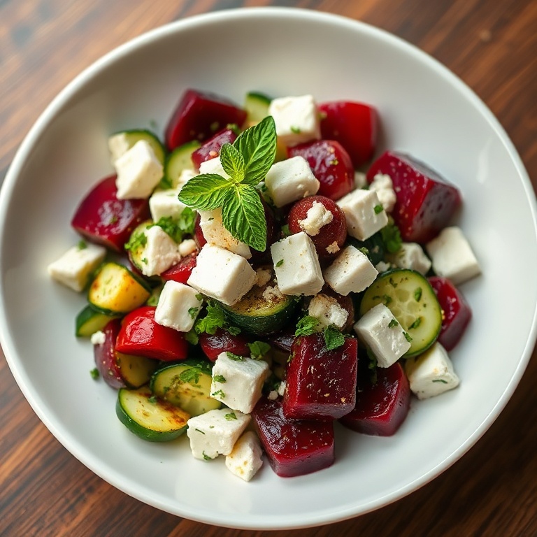 Roasted beet and cucumber salad with feta. Topped with fresh herbs and lemon zest.